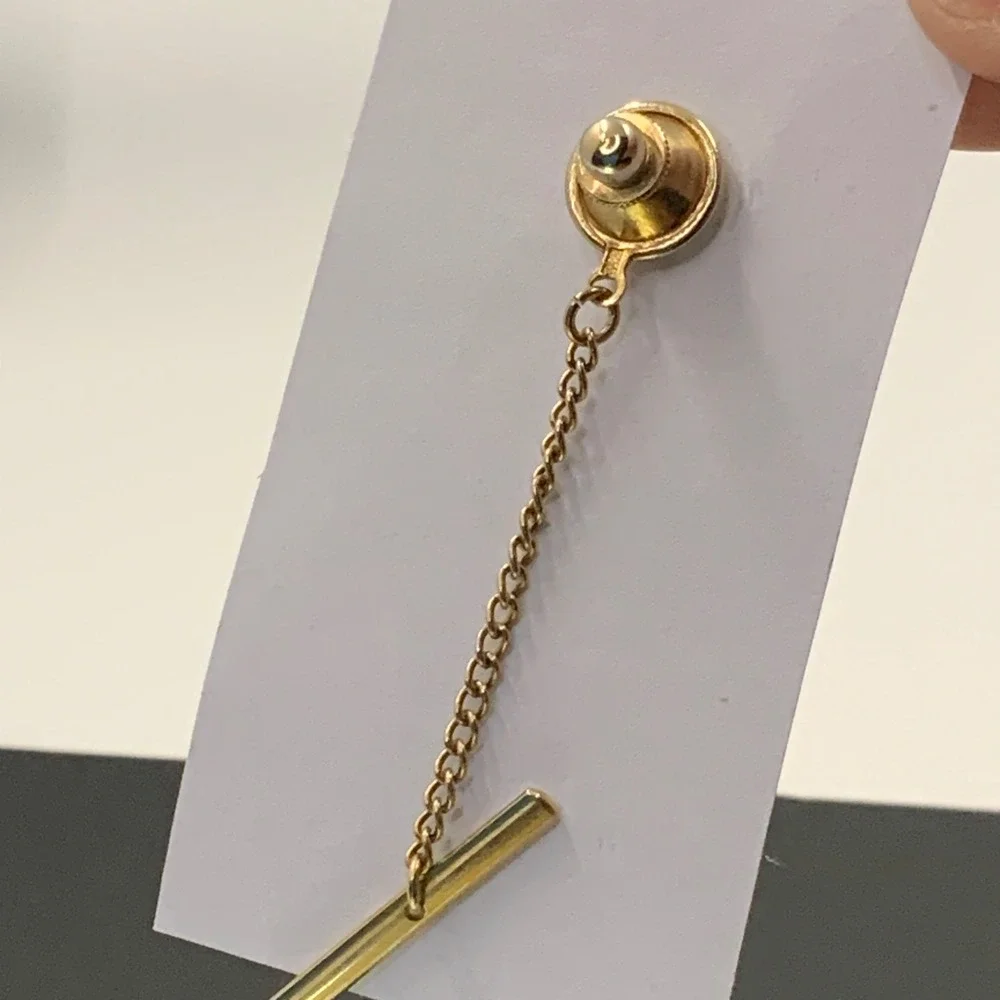 Swank Vintage Gold Tone Tie Tac Etched Starburst Round Face with Chain T-Bar
